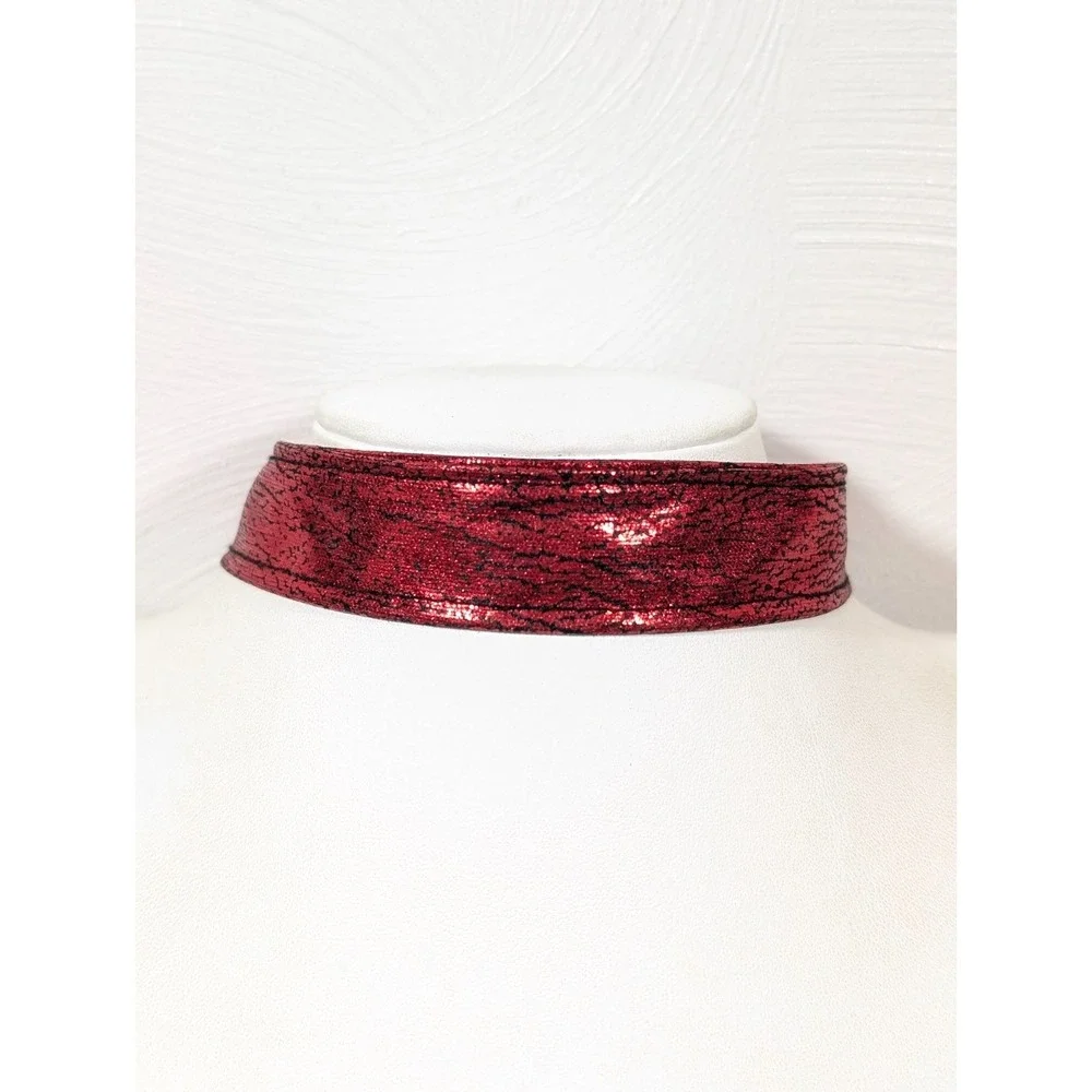 Red Metallic Satin‎ Ribbon Choker Wide Gothic Vamp Y2K 17